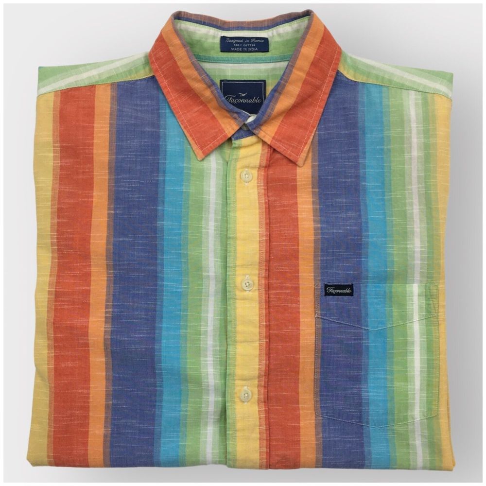 VINTAGE FACONNABLE Mens Button Up Shirt Size L Short Sleeve Casual Stripe Cotton